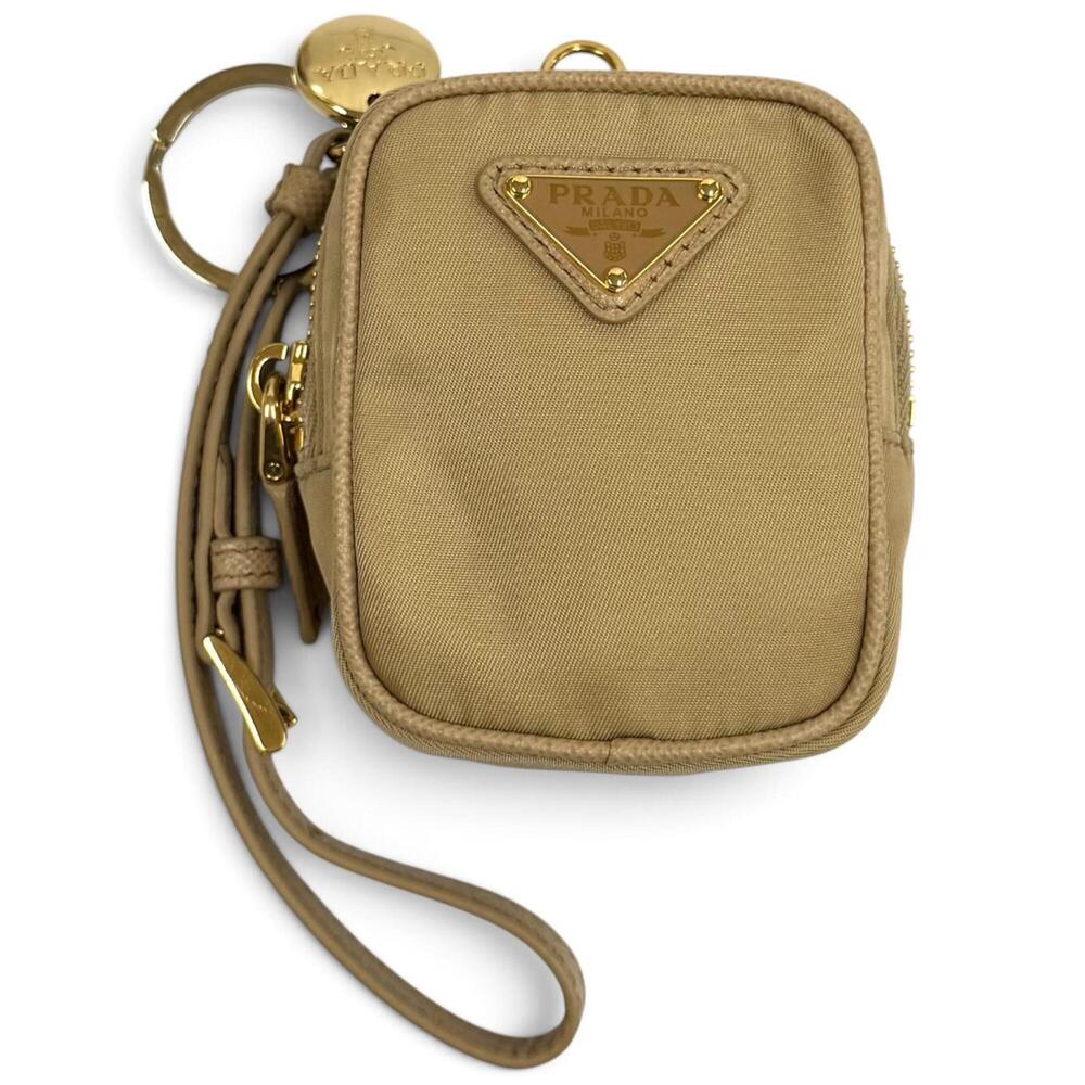 PRADA 1TT200 Mini Pouch with Wristlet, Triangle Logo, Beige, Made in Italy, W...